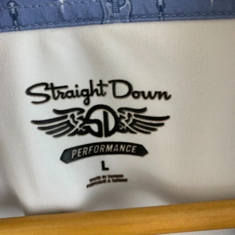 Straight Down‎ Performance Polo Shirt Mens L Blue Guitar Banjo Print Golf Logo